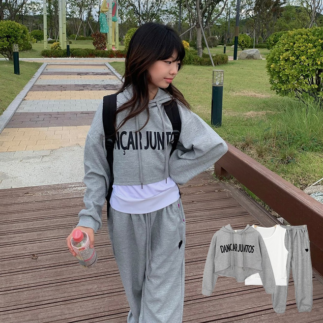 메이징키즈 주니어 여아 후드 레터링 크롭 스트릿 힙합 3종 바지 댄스복 세트