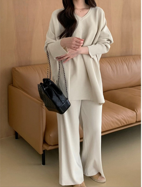 여성용 빅사이즈 오버핏 롱기장 상하의세트 니트 긴팔 데일리룩 루즈핏 브이넥니트세트