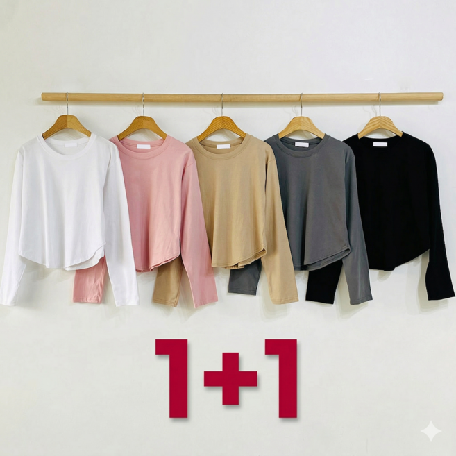 여성 오버핏 라운드넥 크롭 티셔츠 봄가을 사계절 20수 긴팔티