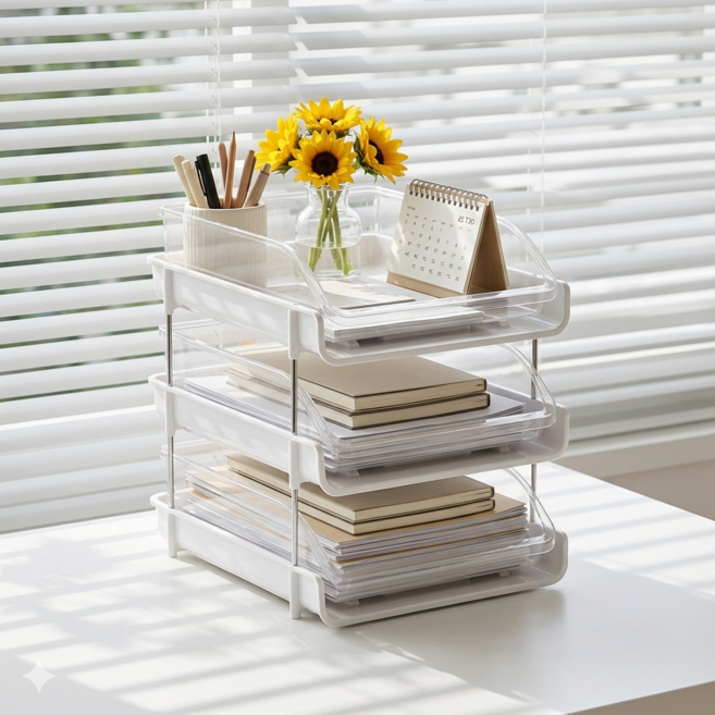 락톡마켓 A4 서류정리함 오픈형 슬라이드 트레이 책상정리함 사무실 파일보관함, 3단, 화이트+반투명