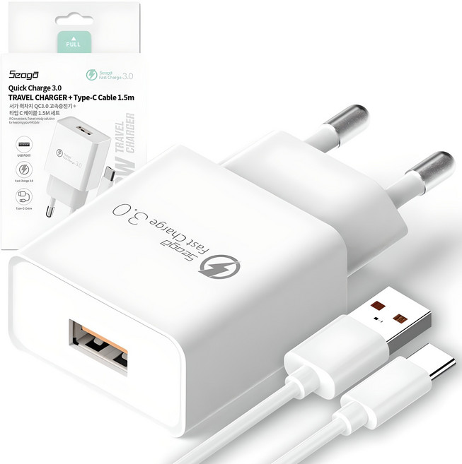 서가 퀵차지 USB 고속 충전기 18W QC3.0 + C타입 케이블 1.5m 세트, 화이트, 1개