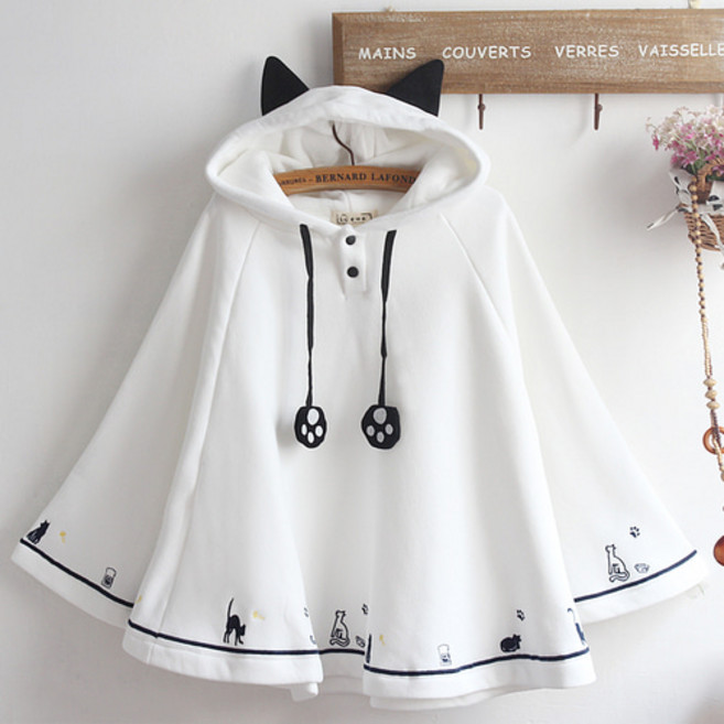 오드아이 고양이귀 망토 후드 케이프 티셔츠 귀여운 따뜻한 겉옷