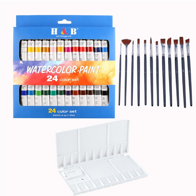 HB 문화사 전문가용 24색 대용량 수채화 12ml 물감 + 다용도 붓12종 + 팔레트 세트 37종구성, 1개