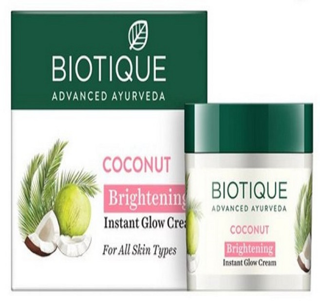 Biotique Coconut Brightening Instant Glow Cream| Lightweight and Non-Greasy | Reduces Dark Spots, 2개, 50g