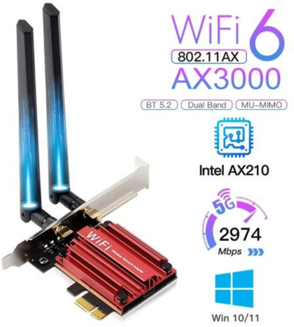 블루투스 5.2 듀얼 밴드 무선 PCIe 와이파이 어댑터 PC 윈도우 10/11 802.11AX 와이파이 6 카드 2974Mbps 와이파이 6 AX200 2.4G 5G, 1개