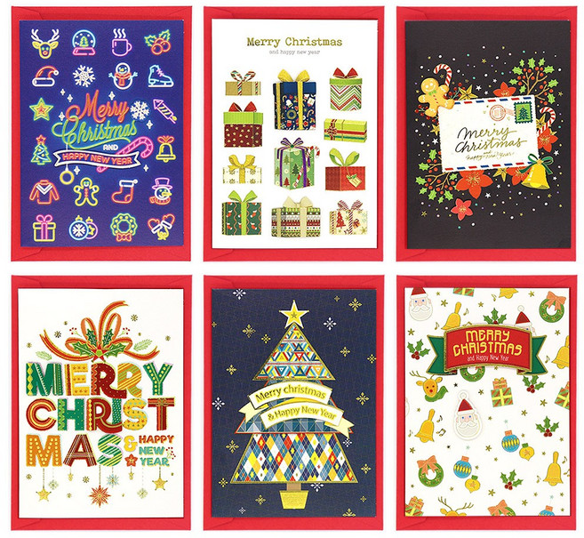 마음담아 귀여운 고급 금박 메리 크리스마스 카드 6종, 1개, 3. 메리 네온