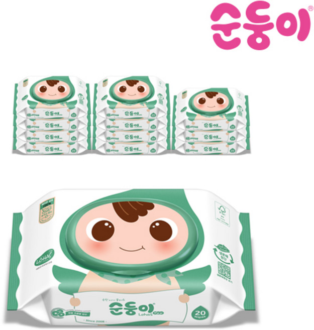 순둥이 생분해물티슈 로하스 휴대캡형 20매 12팩 (NcL휴12), 75g, 12세트