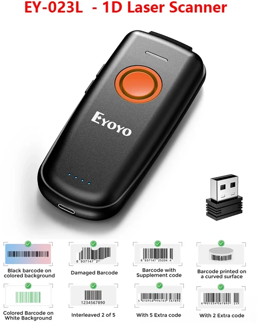 Eyoyo EY-023 미니 2D 레이저 CCD 바코드 스캐너 휴대 블루투스 리더 자동 감지 QR PDF417 UPC EAN, 02 EY-023L 1D Laser