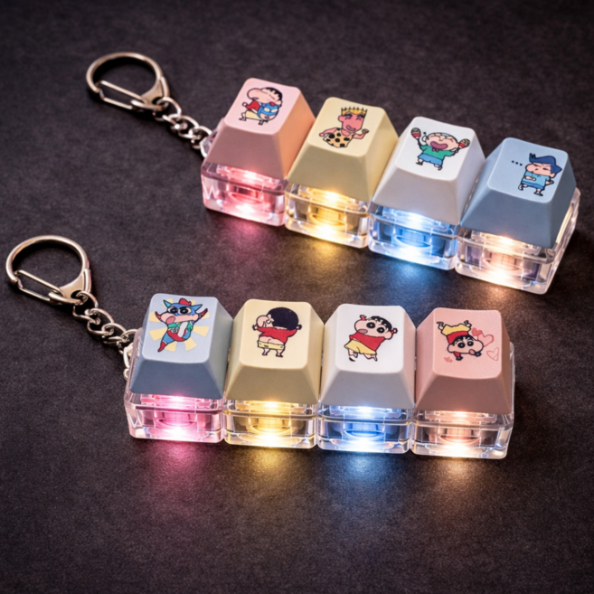 LED 귀여운 캐릭터 4구 키캡 키링 딸깍 청축키보드 키링, 1세트, 귀요미