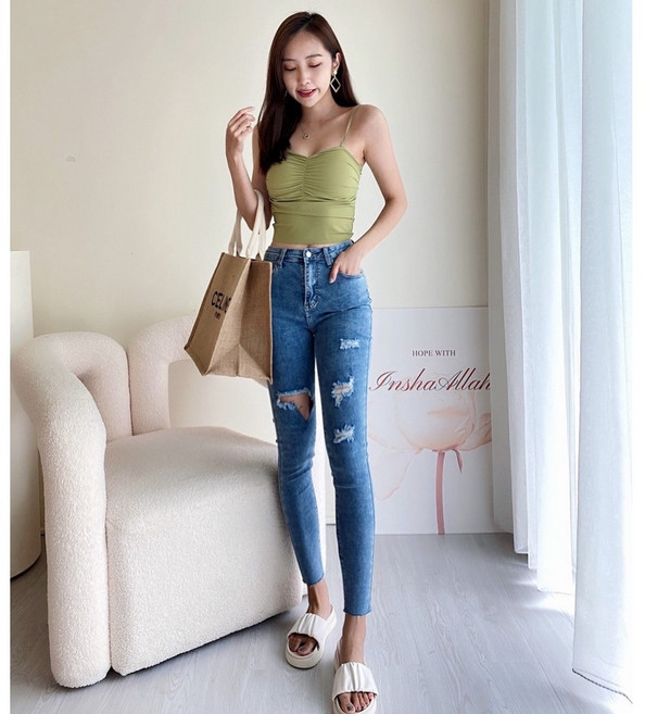 JinG 顯瘦不對稱刷破彈力高腰九分褲