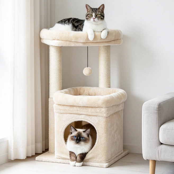 PAWZ Road 3단 소형 캣타워 고양이 하우스 낮은 플랫폼 숨숨집 기둥형 스크래쳐 패브릭 68cm, 1개, 베이지