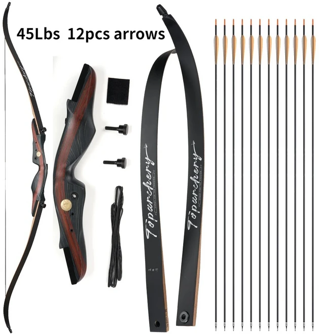 탑아처리 62인치 활쏘기 테이크다운 리커브 활과 화살 나무 손잡이 20-50파운드 성인 및 초보자 야외 사냥, 12 45Lbs  12pcs arrows