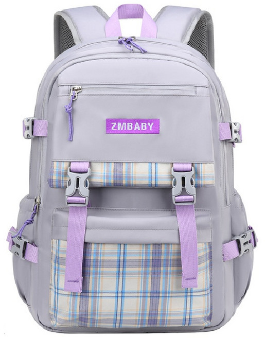 ZMBABY 國小護脊書包 多格層大容量後背包 格紋款 亮麗灰
