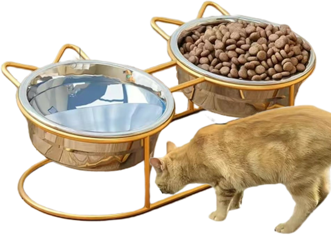 스테인레스 스틸 고양이 밥그릇2구+논슬립 베이스 전복방지 고양이물그릇 개밥그릇 애견식기, 금, 14.7*7.6cm