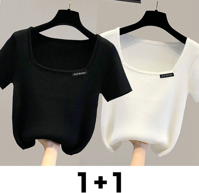 메인워크 1+1 여성 빅사이즈 스퀘어넥 반팔 티셔츠 여름용 슬림핏 스판 냉장고 캐주얼 루즈핏 스타일리쉬 풀오버 상의 2매입