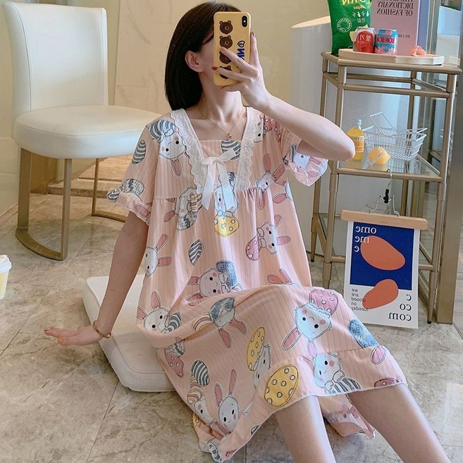 連身睡衣 女 格子 短袖 寬鬆 居家服