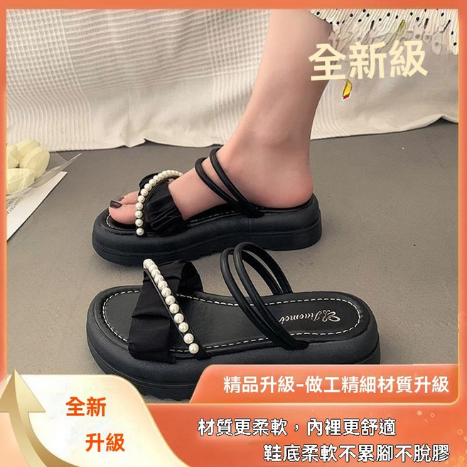 女士珍珠厚底涼鞋, 珍珠黑, 36-37mm