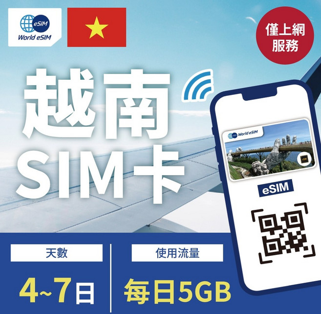 World eSIM 越南SIM卡 4-7日 每日1-2GB 4G LTE 高速上網, 6日,每日5GB
