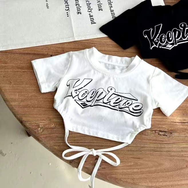 스트링크롭티 아동 크롭 반팔티 여름 상의 키즈 스타일룩