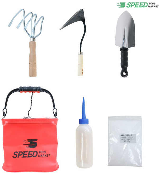 해루질 장비 조개 잡이 도구 6종 세트 4발갈퀴+호미+모종삽+두레박+맛소금+통 갯벌체험, 레드