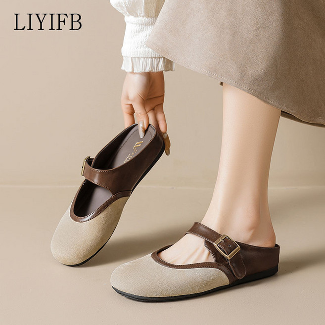 LIYIFB 배색 여성 블로퍼 3cm 소가죽 뮬슬리퍼 빅사이즈 슬립온 260-225