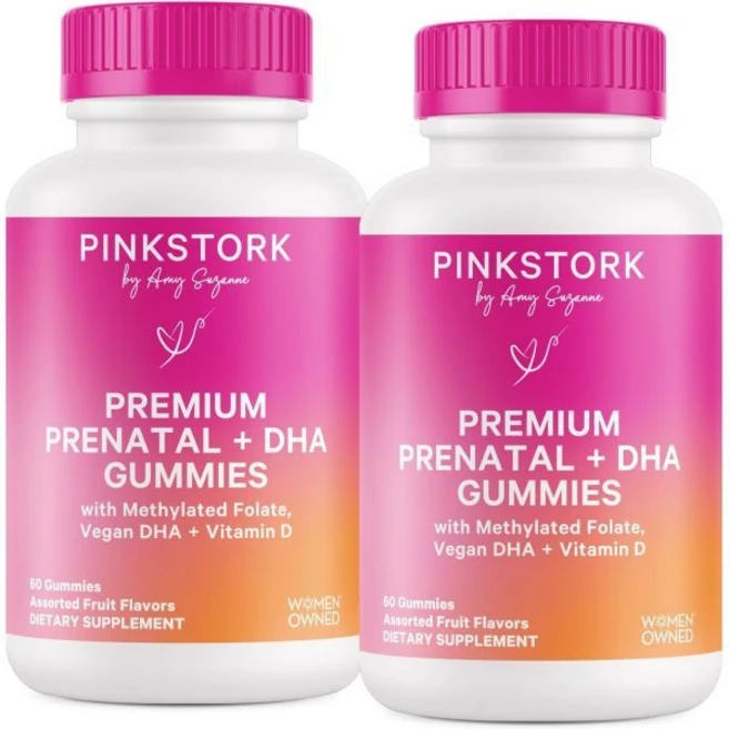 Pink Stork Premium Prenatal Gummy Vitamins with DHA Folate and Vitamin D - 60 Vegan Gummies - 2, 60 Count (Pack of 2), 1개 - 쿠팡