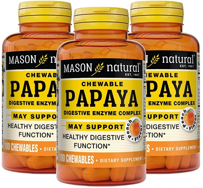 Mason Natural 파파야 소화 효소 복합체 건강한 소화 기능 영양소 흡수 촉진 복숭아 맛 츄어블 100개(3팩), 300 Count (Pack of 1), 100정 - 쿠팡