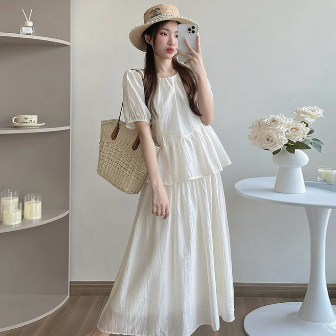 임산부 여름 반팔 원피스 캐주얼 임부복 루즈핏 기질 페이크 투피스 반팔 롱 원피스 JZZN