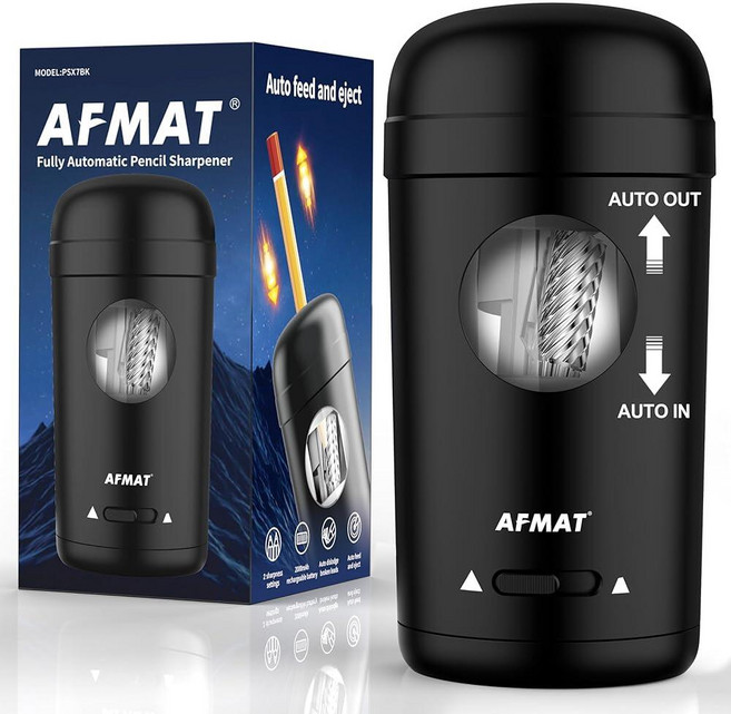 AFMAT 매트 전동 연필깎이 7-8mm 연필 및 색연필용 완전 자동 입력 출력 교실/가정/사무실용 충전식 수직 핸즈프리 연필깎이 PSX7(베이지) 125451, 블랙