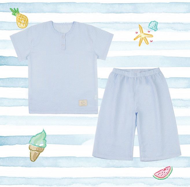 르브니 KC인증 주니어 반팔 파자마 세트 아동 시어서커 체크 지지미 2버튼