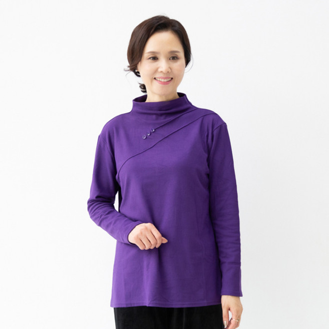 엄마옷 마미소 단추 반폴라 티셔츠 심플 단색 베이직 단추 사선 할머니 빅사이즈 40 70 마담 중년 여성 옷