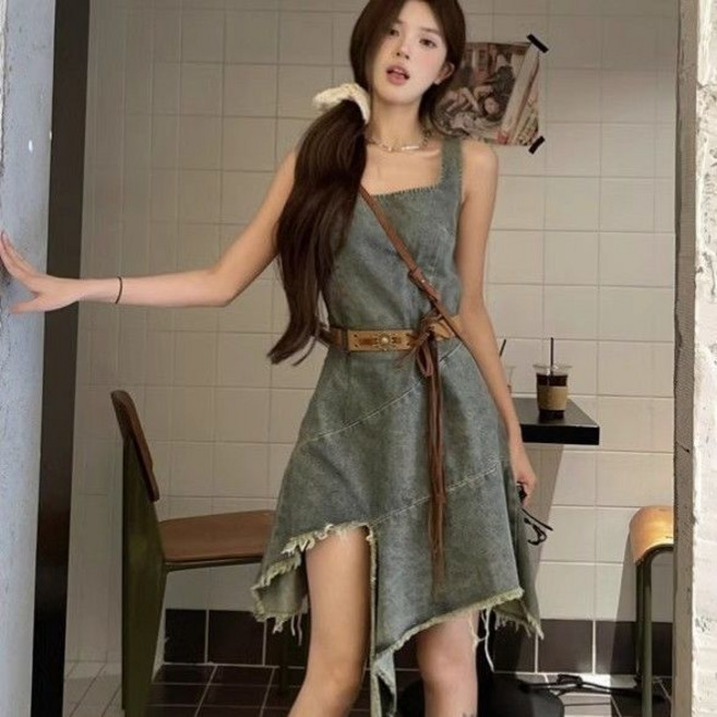 패션 여성 뷔스티에 원피스 프렌치 여름 슬림핏 데님 나시 원피스 언밸런스 여자 미니 원피스 LCC