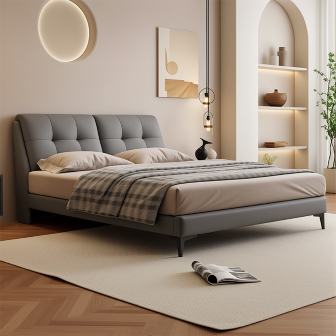 심플하고 세련된 소프트헤드 가죽침대 원목 프레임 호텔 침실 가정용, BH01