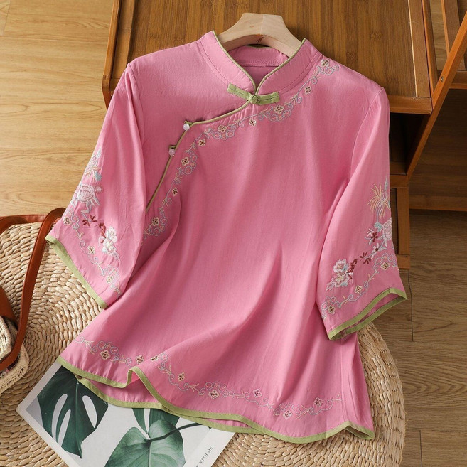 新中式刺繡襯衫 盤扣 文藝復古 斜襟