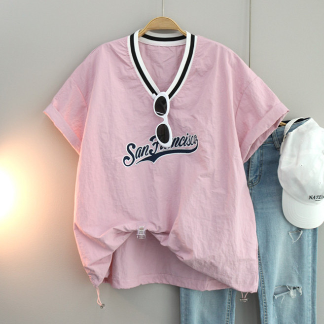 달콩 여성 빅사이즈 바스락 캐주얼 반팔티 샌프브이넥아노락반팔맨투맨