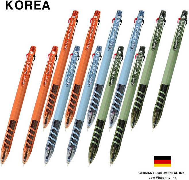 코리아 토네이도 니들 3색 멀티펜 초저점도 독일 잉크 볼펜 0.7mm, 12개, 색상혼합