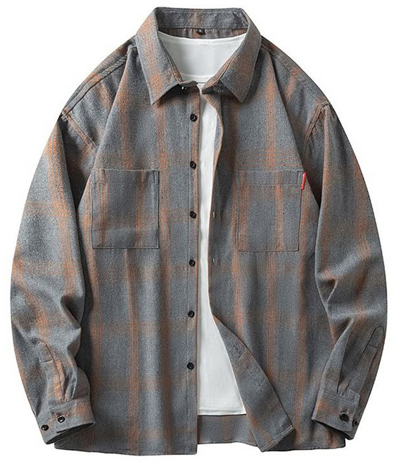 봄가을 빅사이즈 체크 셔츠 긴팔 루즈핏 캐주얼 남방 깨끗한 아우터 남성용 카라넥 데일리 코트