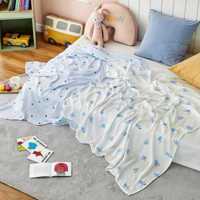 모던하우스 보들보들 뱀부100 거즈 블랑켓 2종 세트, 코끼리사과아이보리블루