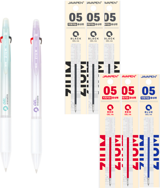 자바펜 지움3겔 0.5 지워지는볼펜 + 리필심 세트, 검정2빨강2파랑2, 1세트, 퍼플+민트