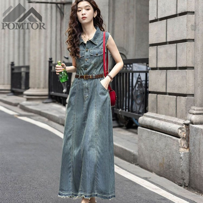 POMTOR 여성 민소매 A라인 캐주얼 루즈핏 데님 원피스