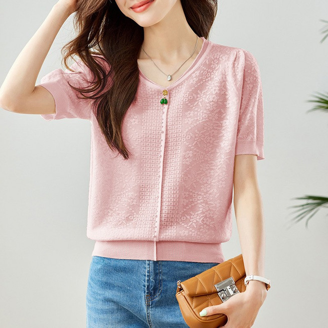 여성용 자카드 니트 스웨터 여름 신상품 반소매 통기성 캐주얼 라운드넥 아이스 실크 얇은 통기성 디자인