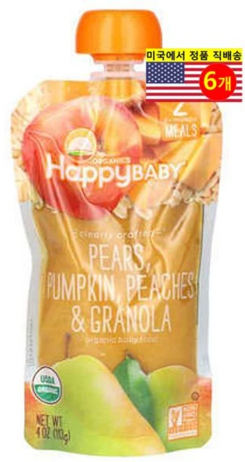 Happy Family Organics 6개월 이상 유아용 오가닉 과일 곡물 퓨레 이유식 113g 6개, 6개 - 쿠팡