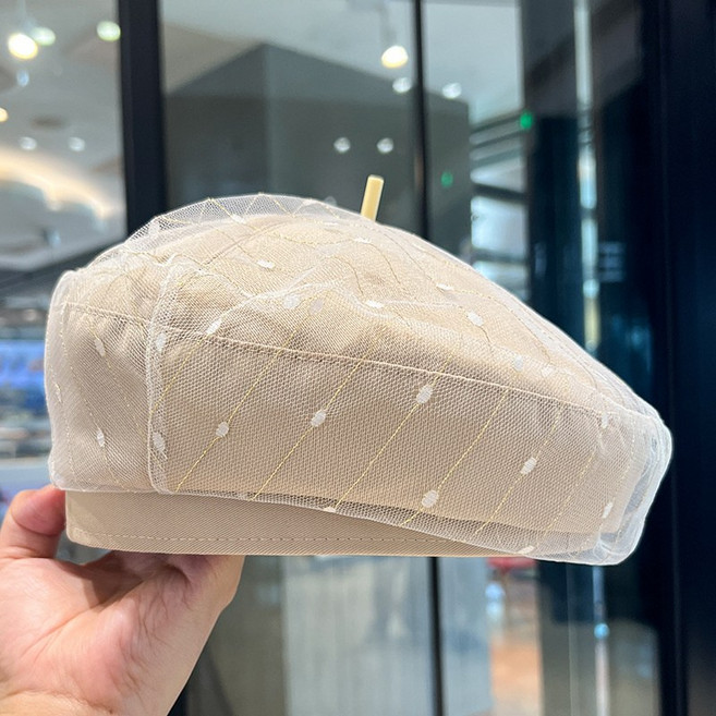 베레모 여 춘추 도트 이중 망사 레이스 베레모 여름 얇은 얼굴 작은 화가 모자