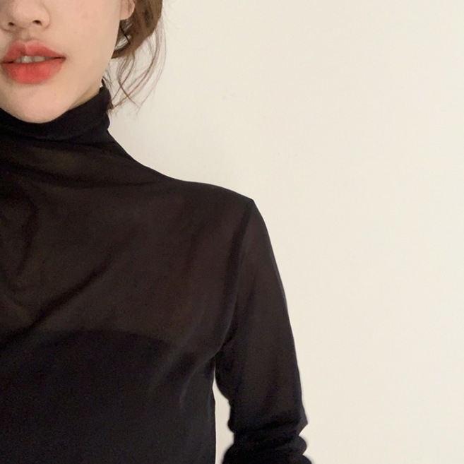 뚱보 시스루 쉬폰 레이스 반폴라 티셔츠