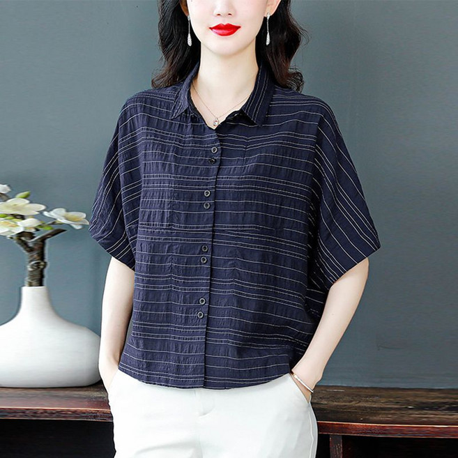 라부라카 중년여성 린넨셔츠 반팔 여름 루즈핏 면 마 셔츠 얇은 상의 엄마 여름옷 빅사이즈 셔츠블라우스