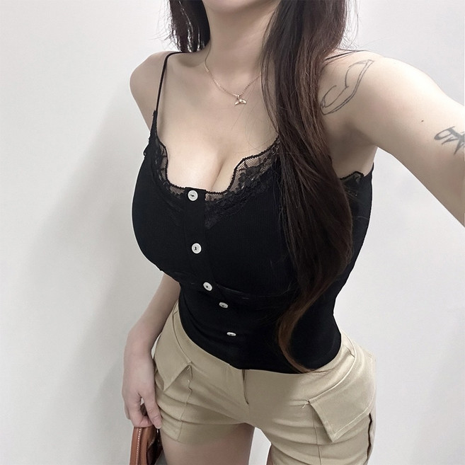 VANANA2 레이스티 볼륨업 글램핏 붙는티셔츠 탈부착 캡내장 여성나시 슬리브리스