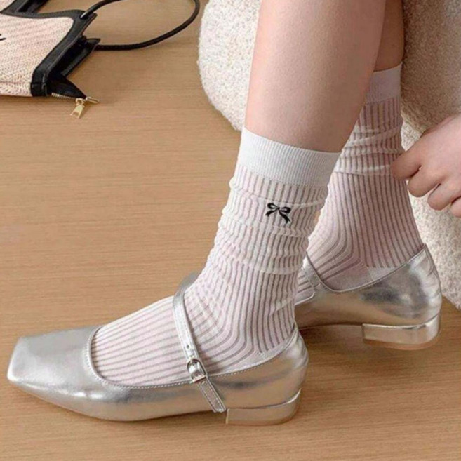 지니마벨 여성 시스루 리본 망사 여름 골지 양말 4켤레