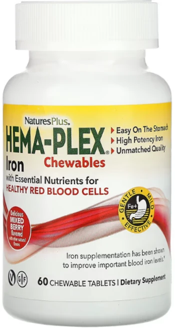 NaturesPlus (네이처스플러스) Hema-Plex 철분 츄어블 믹스 베리 맛 정 60정, 1개 - 쿠팡