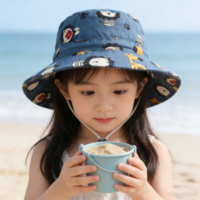 兒童卡通遮陽漁夫帽, 1個, 遮陽帽藍色獅子3-8歲均碼 帽圍50-54cm