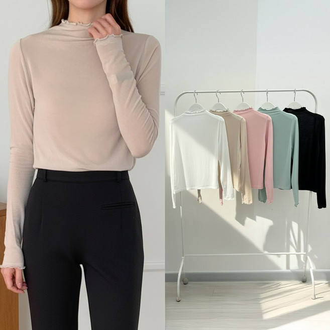 뮤앤뮤즈 [55-77] 텐셀 스판 여리 시스루 물결 티셔츠 얇은 폴라티 레이어드 프릴 목폴라